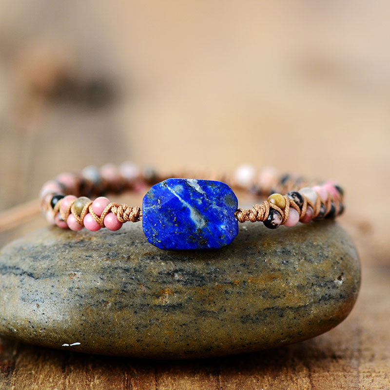 Handmade Rhodonite and Lapis Lazuli Braided Bracelet