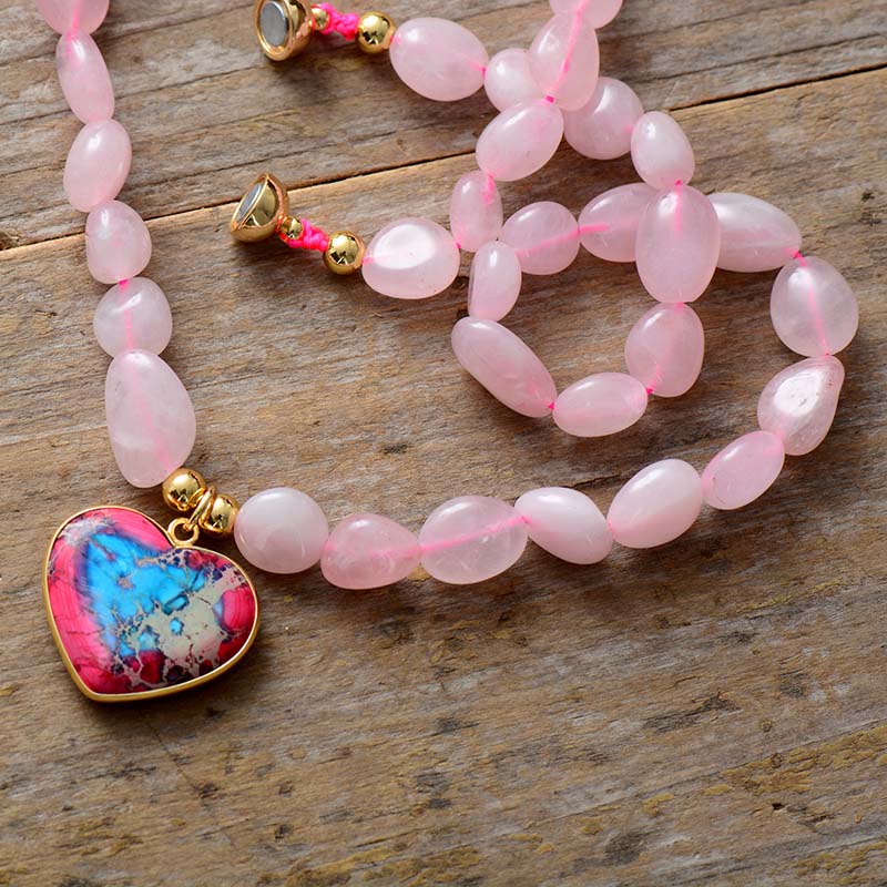 Handmade Rose Quartz and Jasper Heart Pendant Necklace