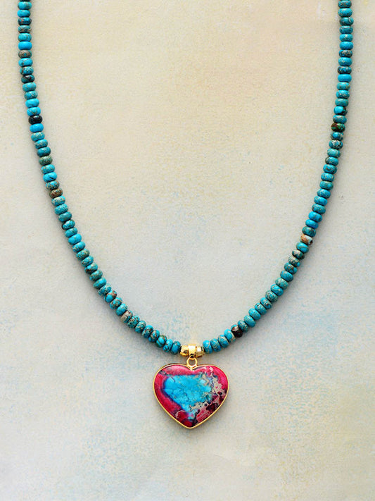 Handmade Turquoise Necklace with a Heart Shaped Jasper Pendant