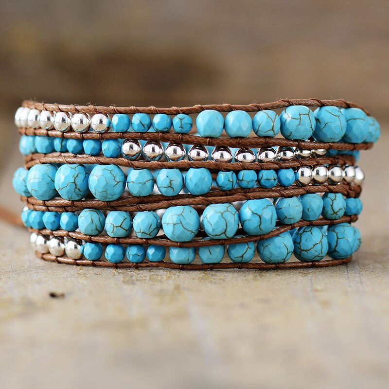 Handmade Turquoise and Metal Wrap Bracelet - 32.5 Inches + 3 Closures