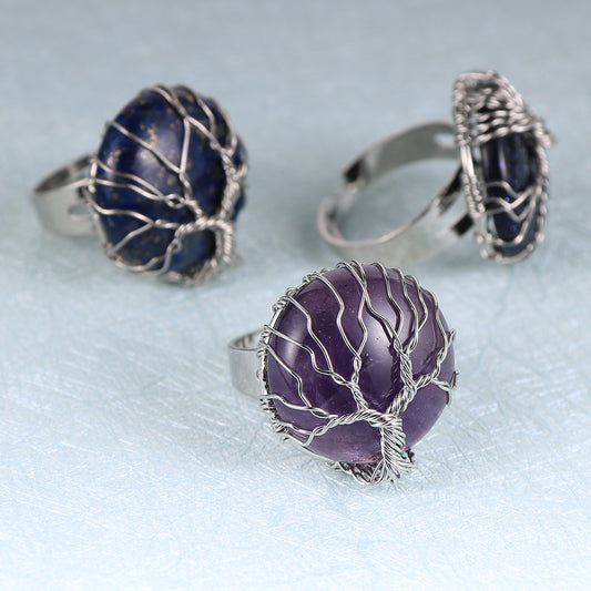 Resizable Amethyst Natural Stone Ring With a Silver Tree of Life Wrap