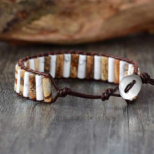 Handmade Natural Howlite & Jasper Leather Wrap Bracelet