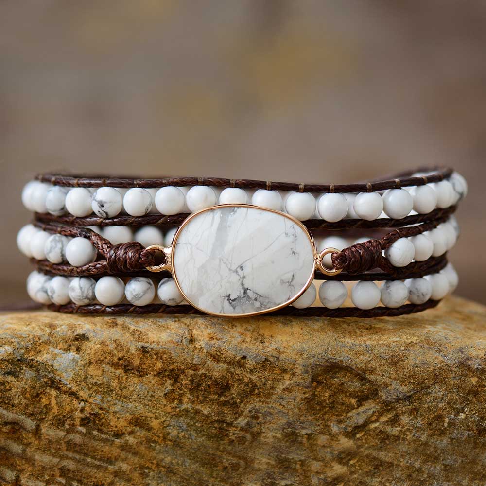 Handmade Natural Howlite Leather Wrap and Beaded Cord Bracelet 19.7 inches + 3 closures