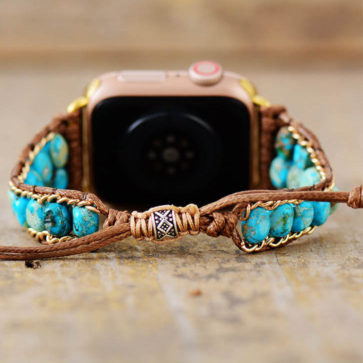 Handmade Turquoise Dyed Imperial Jasper Apple Watch Straps with Vegan Rope