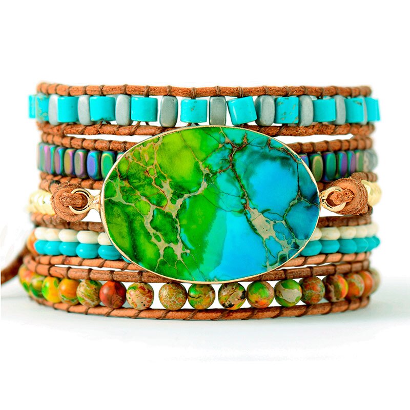 Handmade Vibrant Turquoise, Imperial Jasper and Hematite Wrap Bracelet