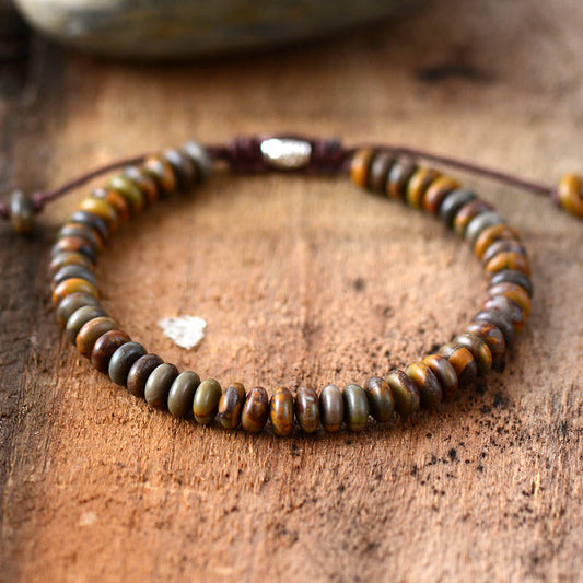 Handmade Natural Jasper Bamboo Leaf Stone Disc Bracelet