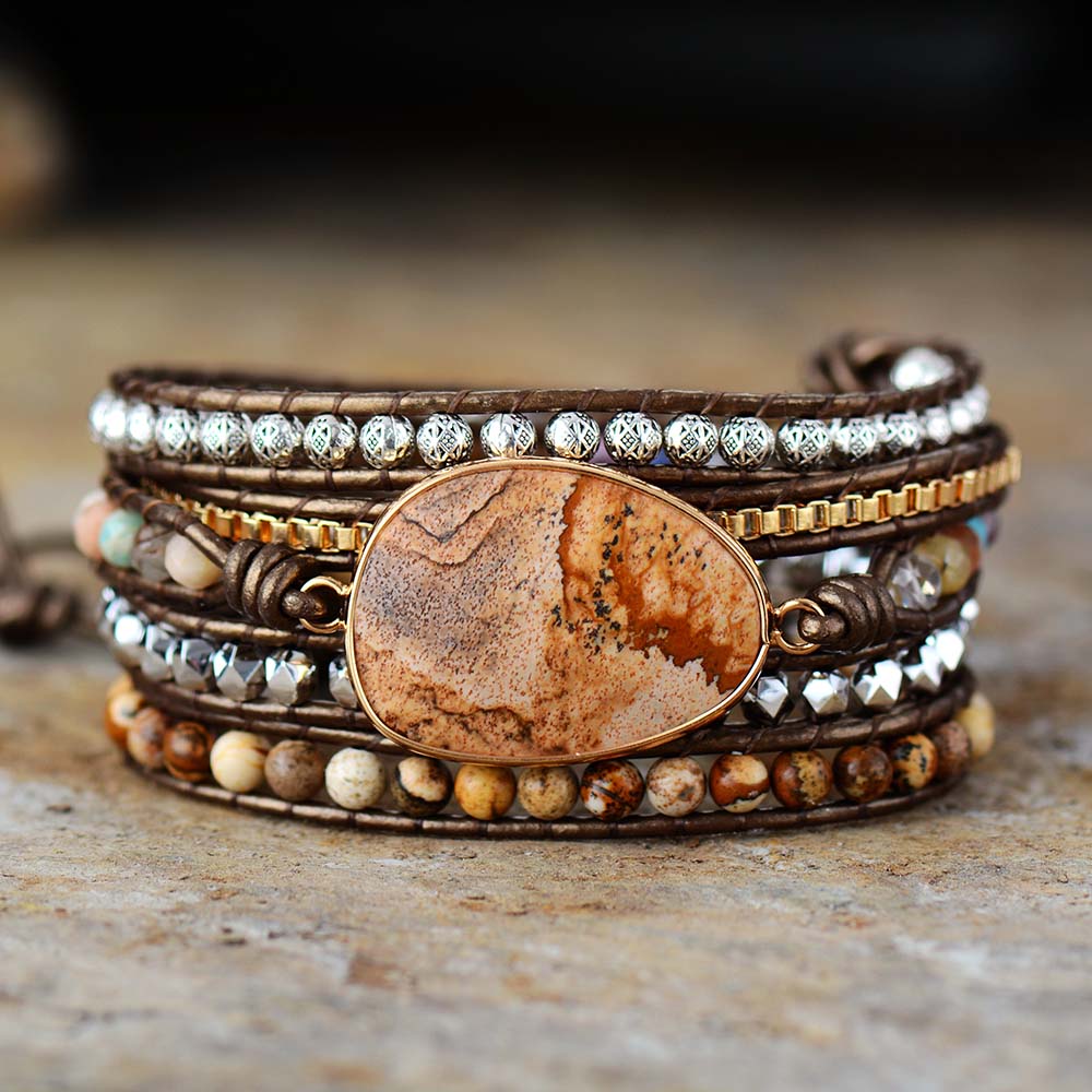 Handmade Natural Jasper, Hematite and Agate Leather Bracelet - 32.5 Inches + 3 Closures