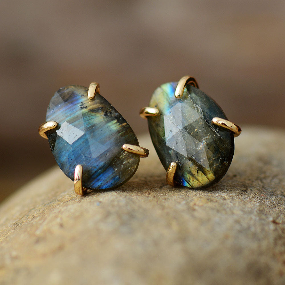 Handmade Labradorite Stud Earrings with Natural Crystals
