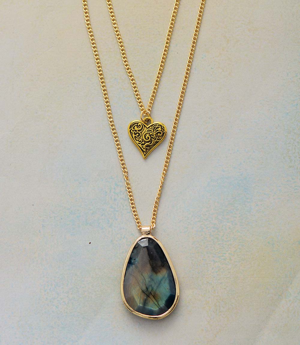 Labradorite Two Layer Heart Pendant Necklace