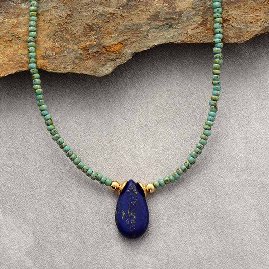 Handmade Lapis Lazuli Teardrop Pendant Choker Necklace - 17 Inches