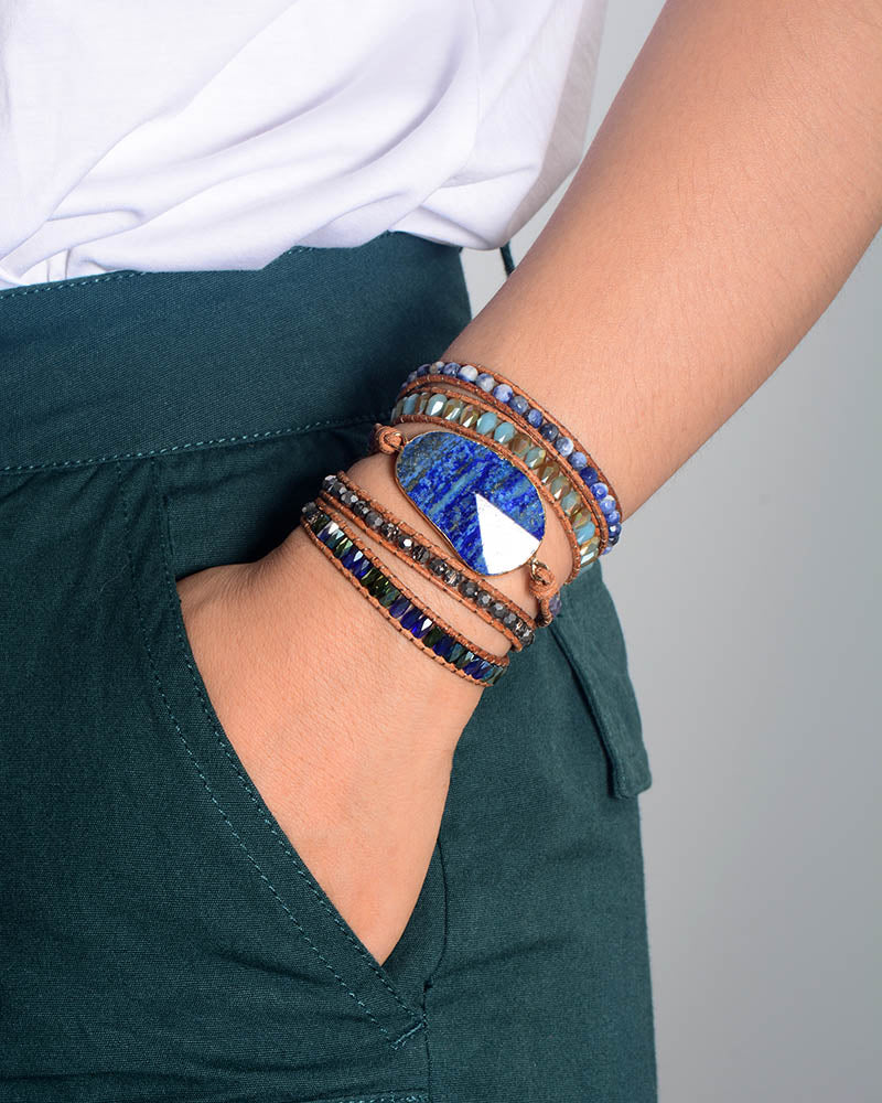 Handmade Natural Lapis Lazuli Crystal 5 Wrap Bracelet 19.7 Inches + 3 Closures