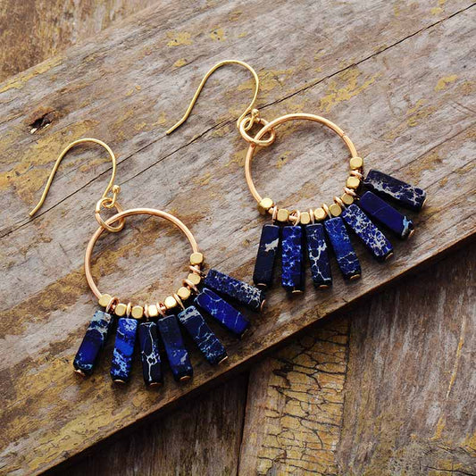 Handmade Lapis Lazuli and Gold Color Beads Dangle Earrings