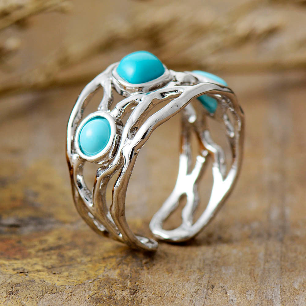 Resizable 3 Stone Turquoise Silver Ring