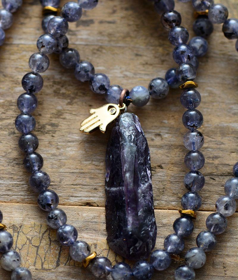 Handmade 108 Beads Natural Lolite Mala with an Amethyst Pendant - 26.8 inches