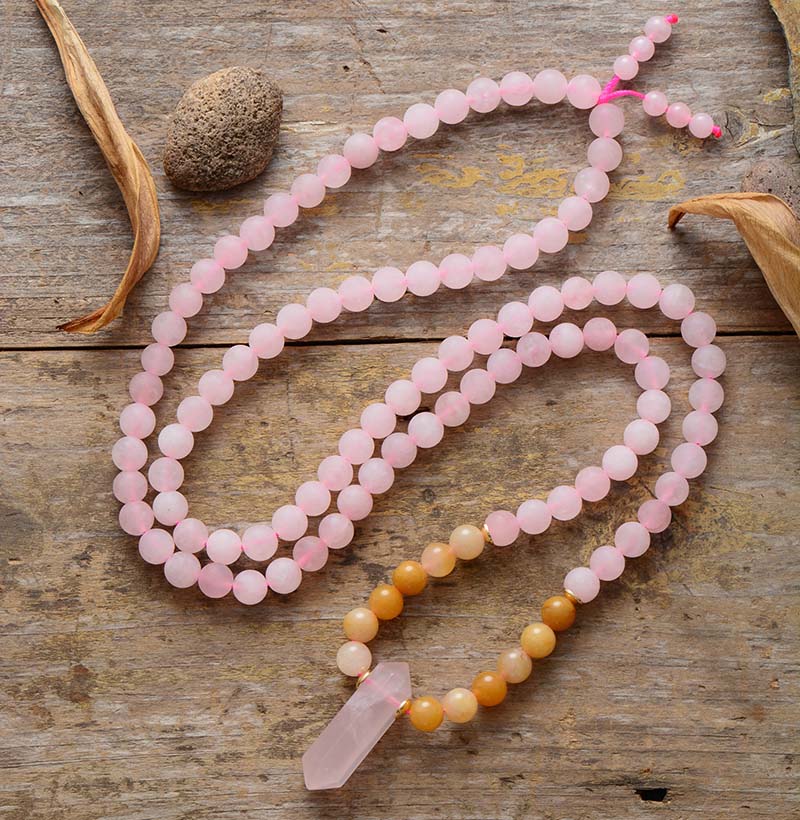 Handmade 108 Beads Natural Rose Quartz and Jade Mala - 33.5 inches