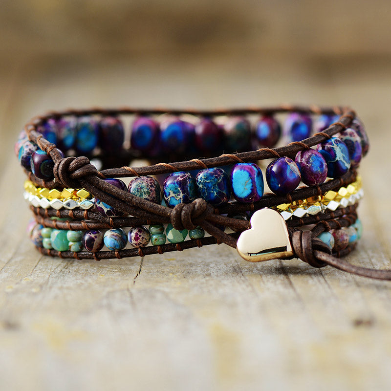 MantraChakra Imperial Jasper Wrap Bracelet with a Heart Centre and Dark Brown Leather