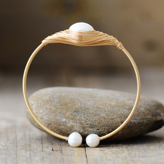 MantraChakra Pearl & Gold Plated Wire Cuff Bangle