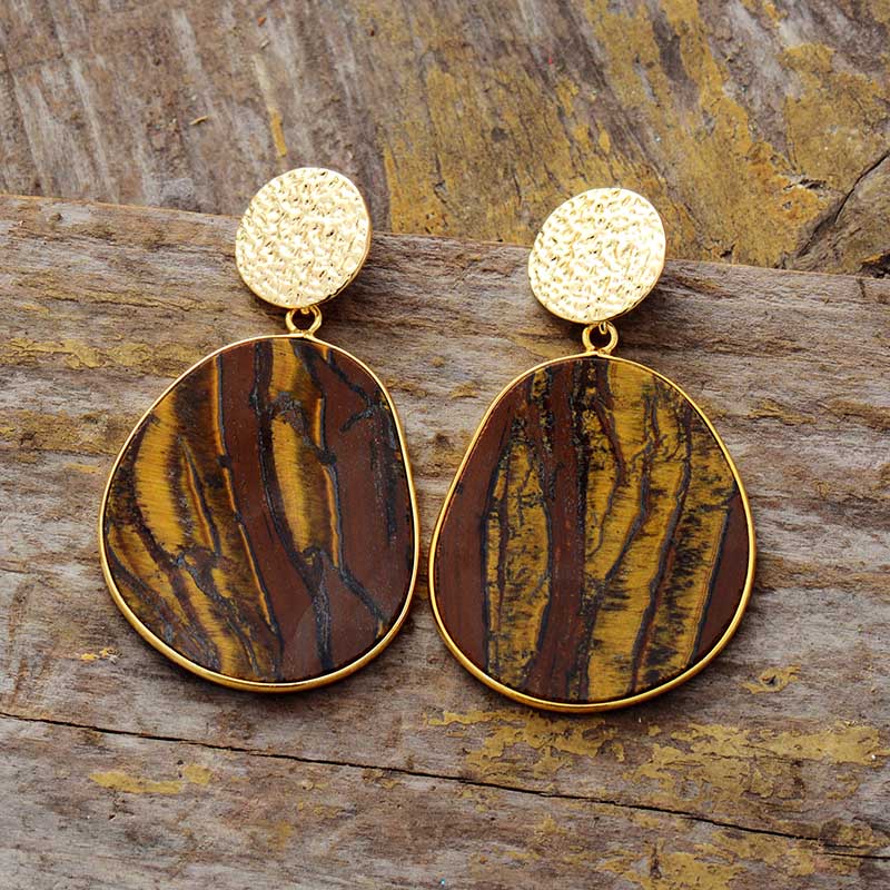 Handmade Natural Tigers Eye Gold Dangle Earrings