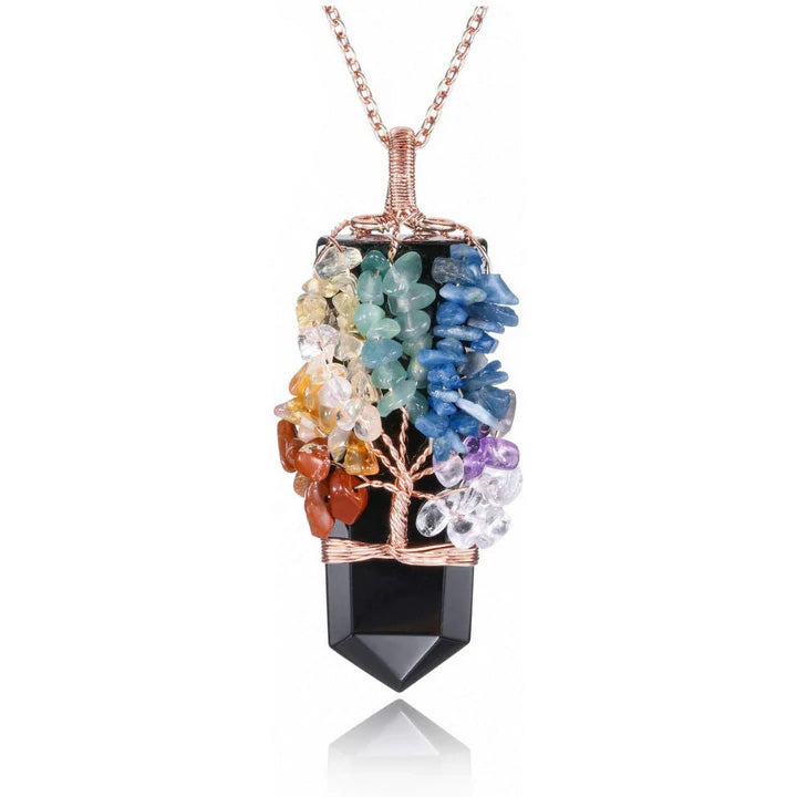 Obsidian Tree Of Life Chakra Quartz Necklace