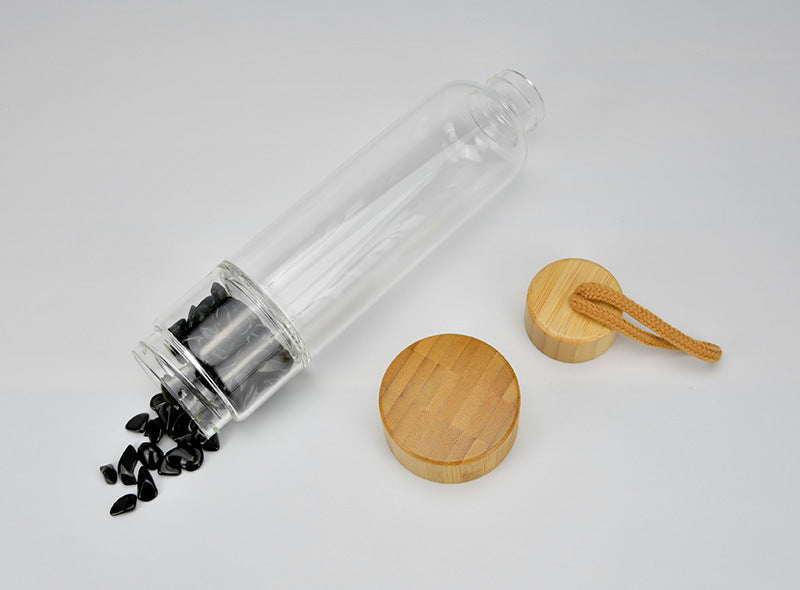 Crystal Infused Bamboo Water Bottle with Natural Obsidian Stone - Stay Hydrated 💧