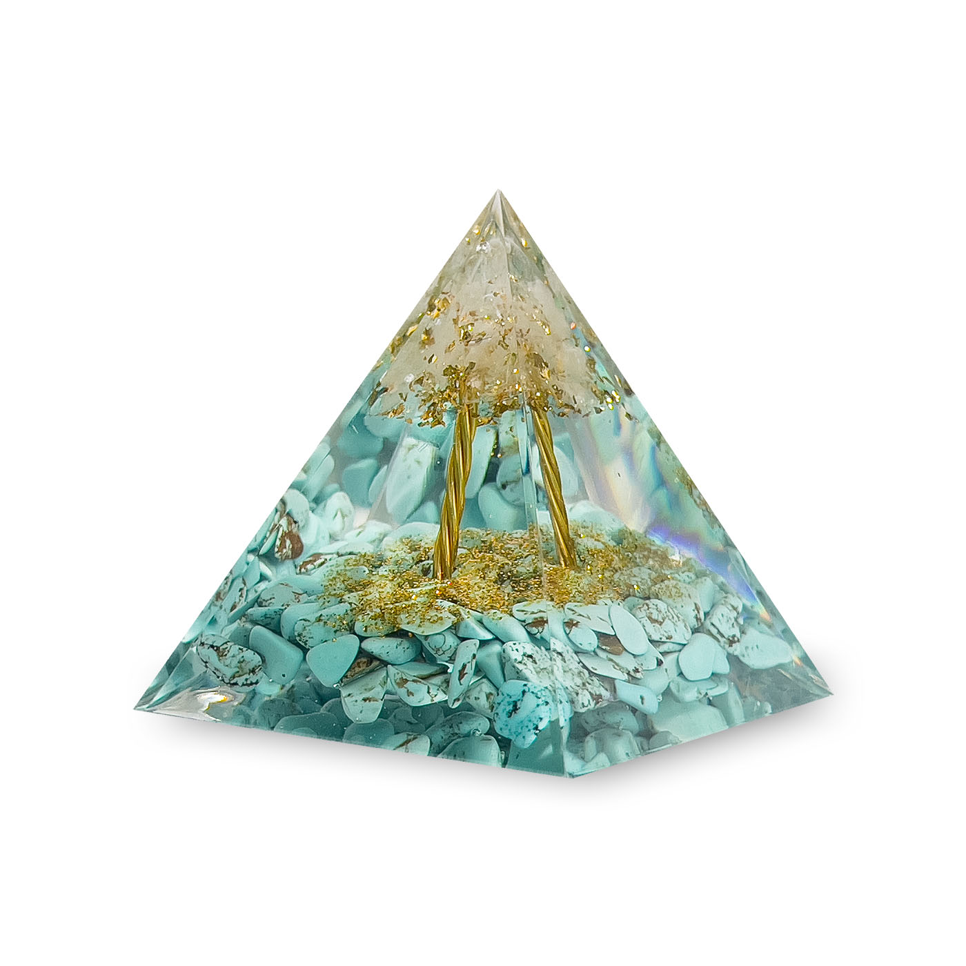 Orgone Energy Resin Pyramid with Turquoise and Clear Quartz Crystal