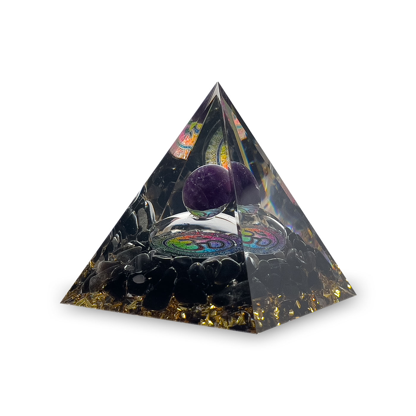 Orgone Energy Resin Pyramid with Amethyst and Obsidian Crystal