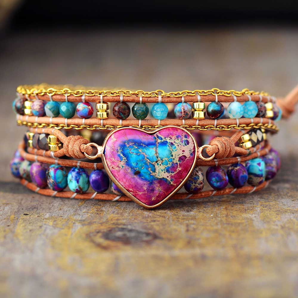 Handmade Natural Jasper and Agate Stone and Leather Heart Wrap Bracelet 19.7 Inch and 3 Closures