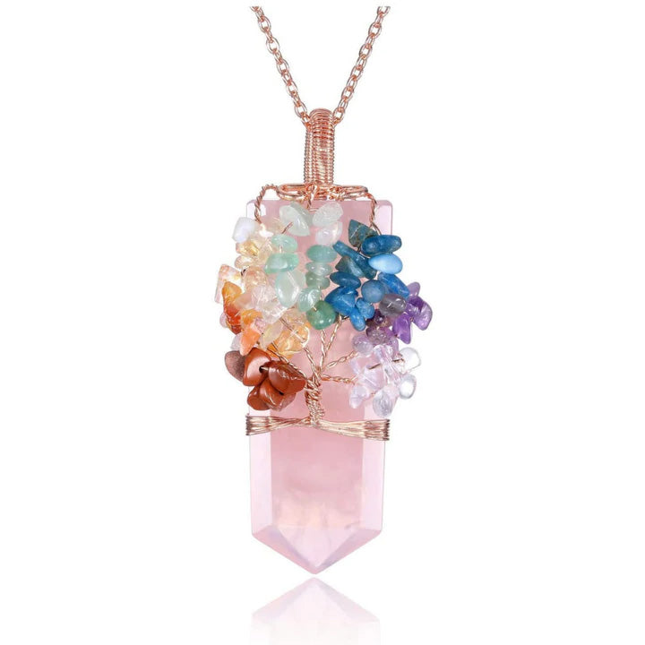 Rose Quartz Tree Of Life Chakra Quartz Necklace