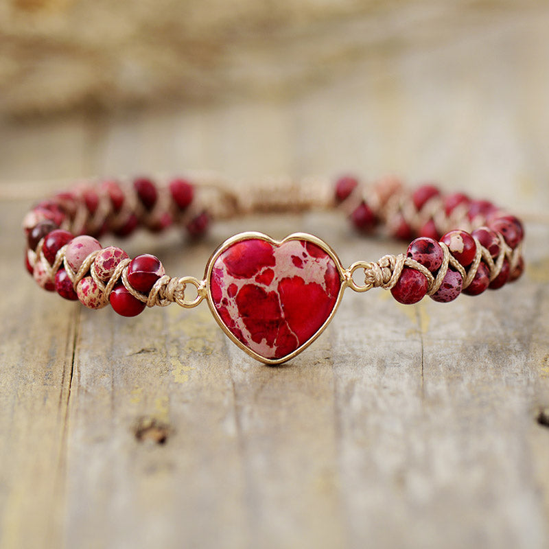 MantraChakra Imperial Jasper Beaded Bracelet with a Red Imperial Jasper Heart