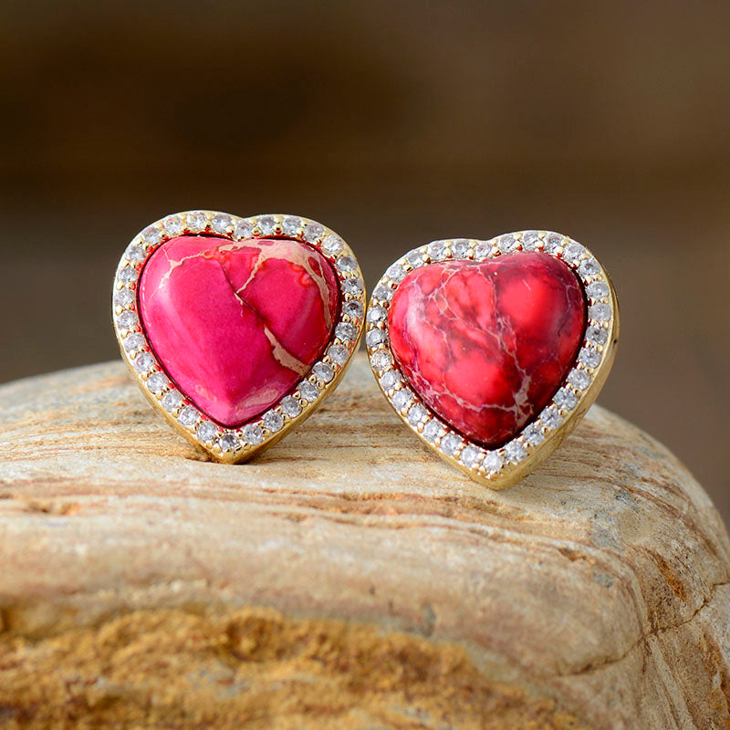 Handmade Red Imperial Jasper & Crystal Heart Shaped Earrings