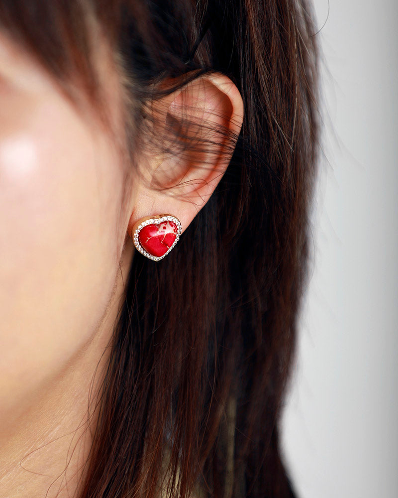 Handmade Red Imperial Jasper & Crystal Heart Shaped Earrings