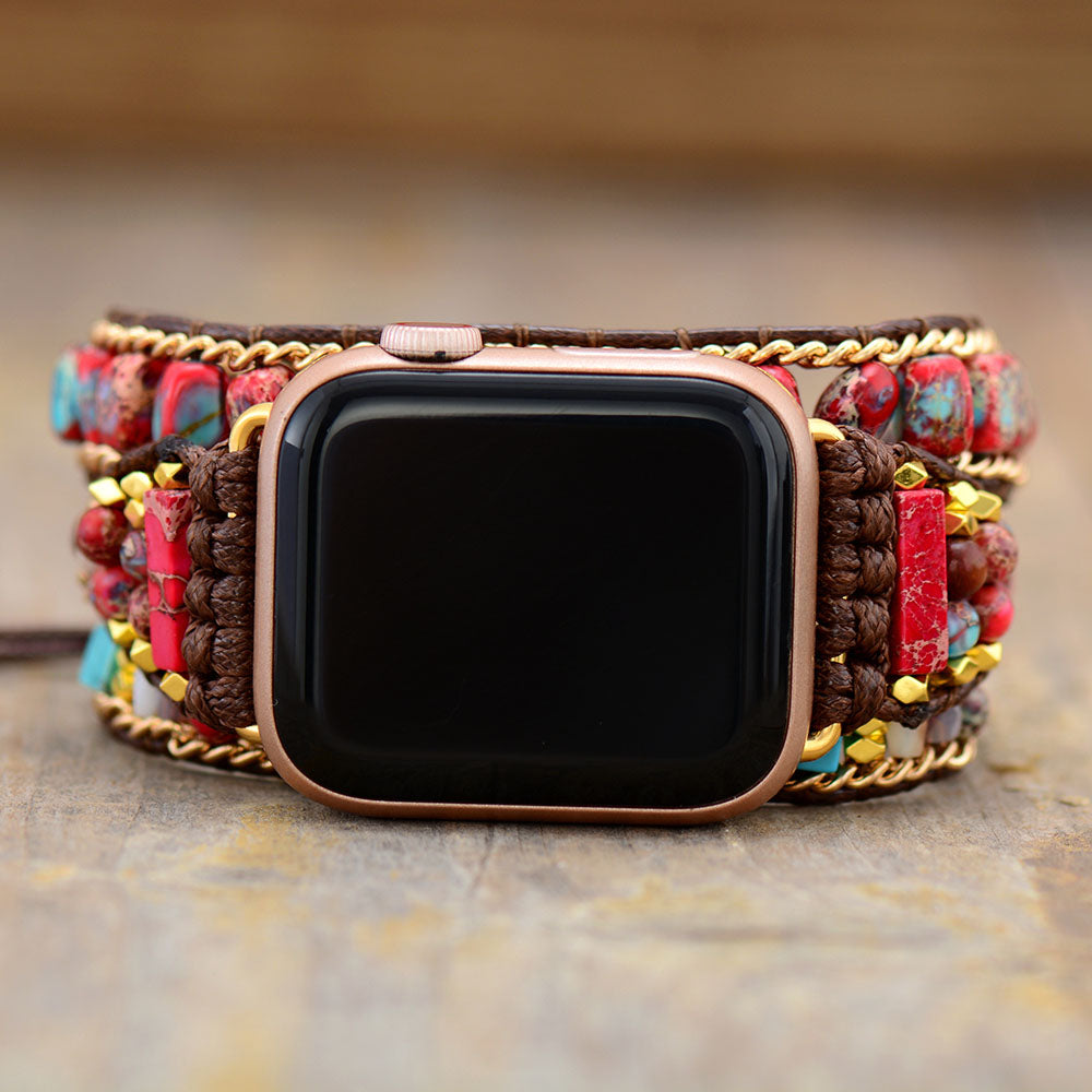 Handmade Natural Red Jasper Apple Watch Straps With Vegan Rope