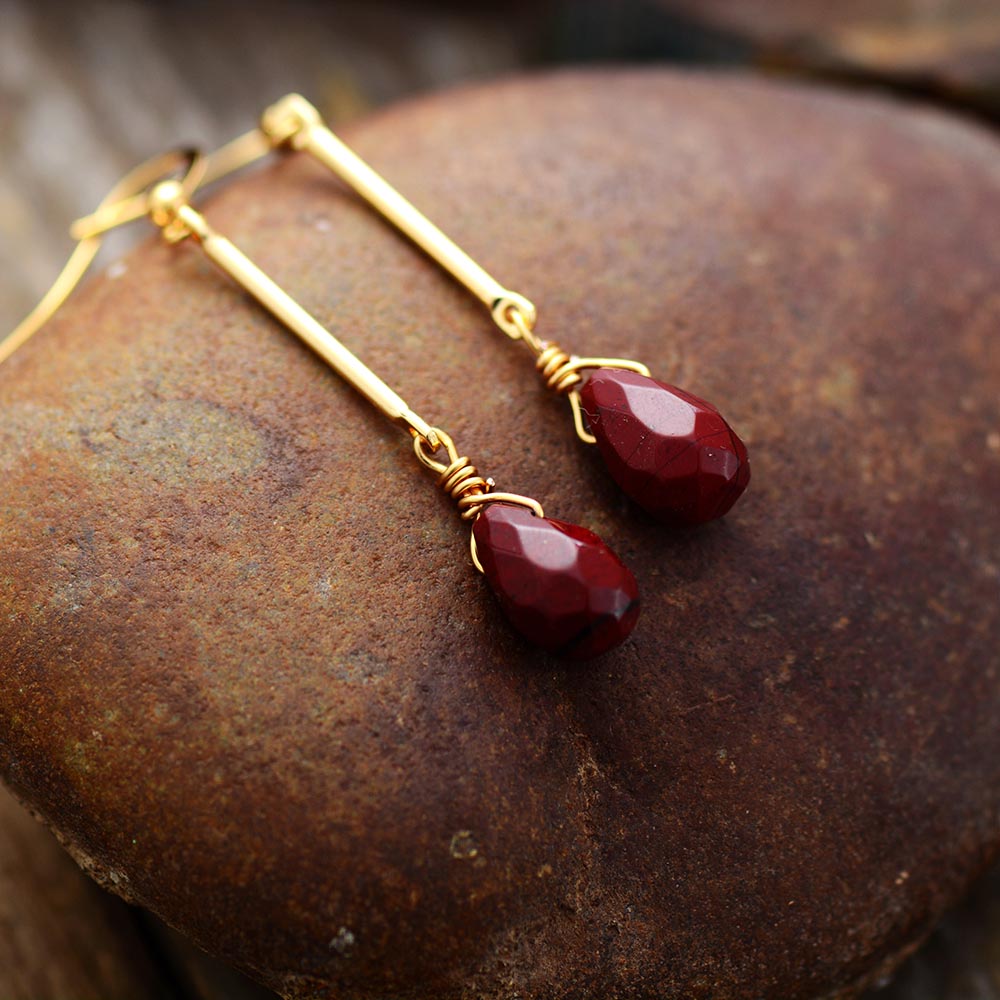 Handmade Red Jasper Gold Tone Drop Earrings