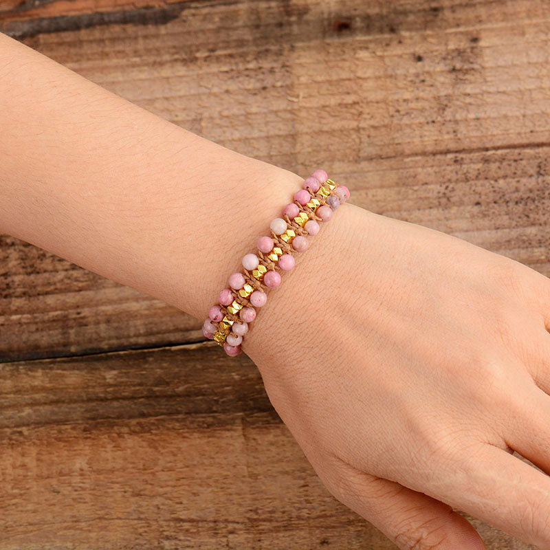 Handmade Natural Rhodonite and Gold Beads weave Bracelet