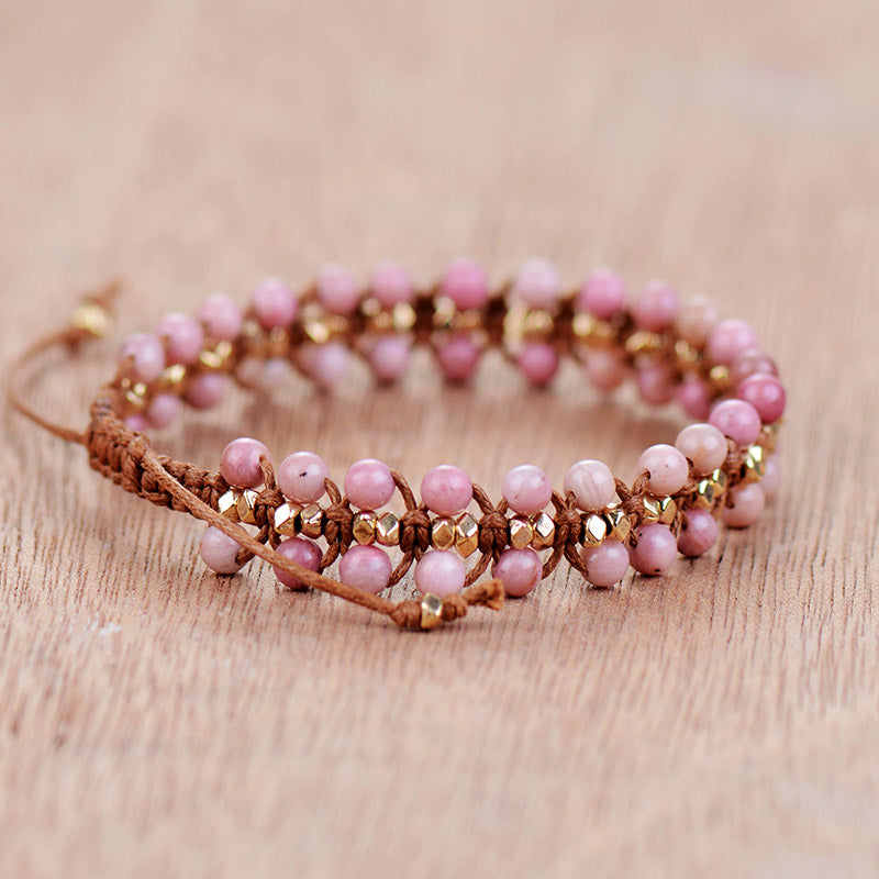 Handmade Natural Rhodonite and Gold Beads weave Bracelet