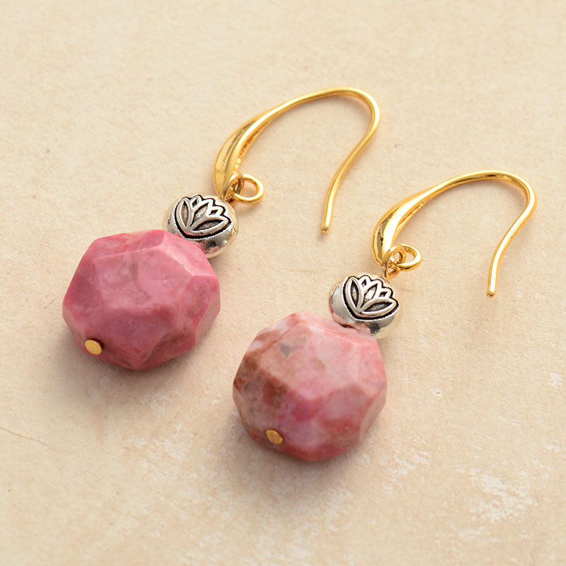 Handmade Rhodonite and Lotus Dangle Earrings