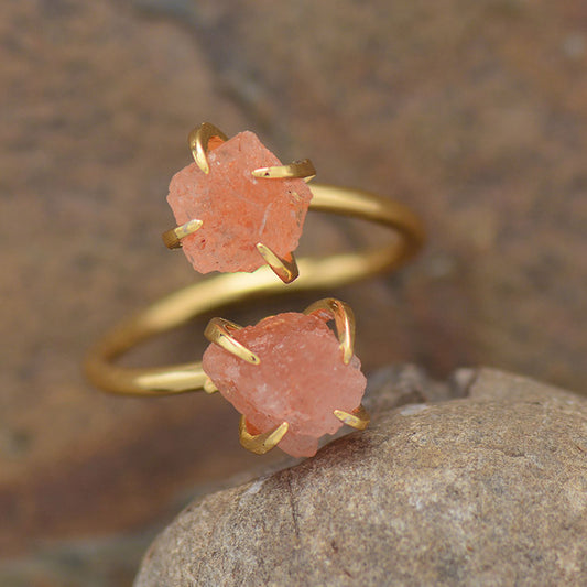 Resizable 2 Stone Rose Quartz Natural Crystal Gold Plated Ring