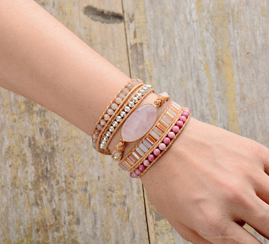 Handmade Natural Rose Quartz 5 Strands Crystal Wrap Bracelet