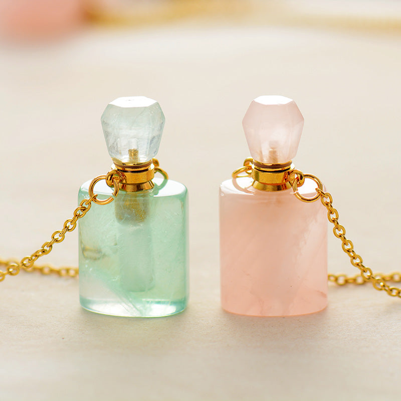 Natural Rose Quartz and Gold Chain Perfume Bottle Necklace