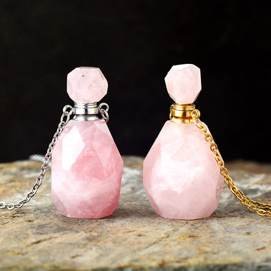 Natural Rose Quartz Stone Perfume Bottle Necklace