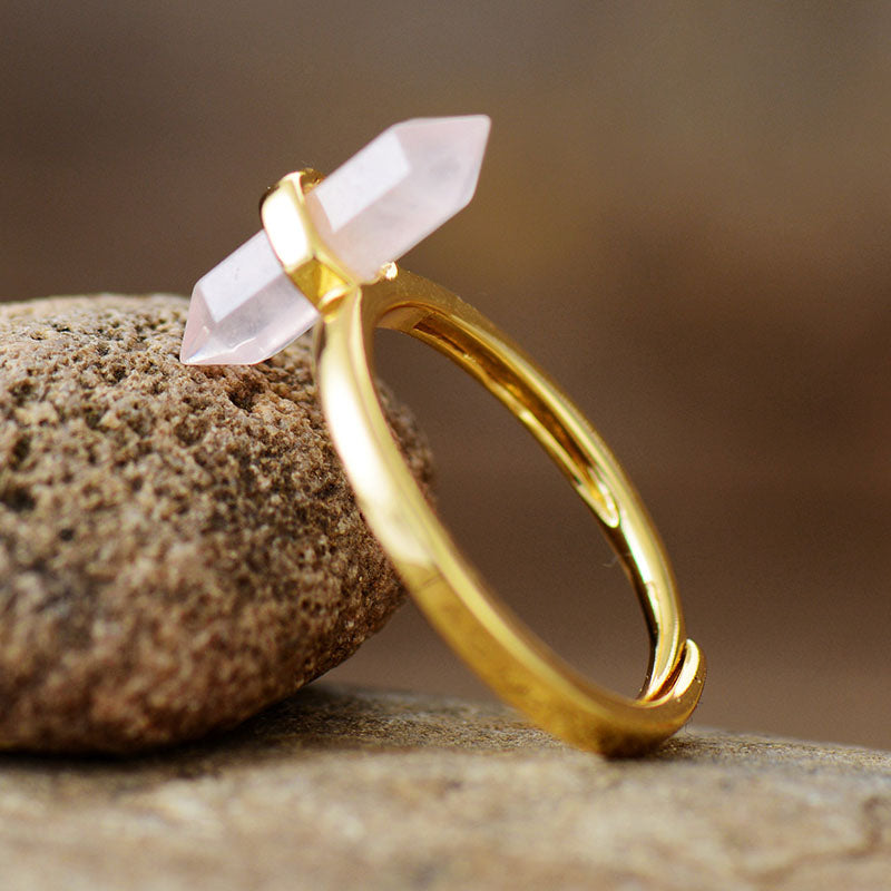 Resizable Rose Quartz Hexagonal Cone Stone Gold Plated Ring