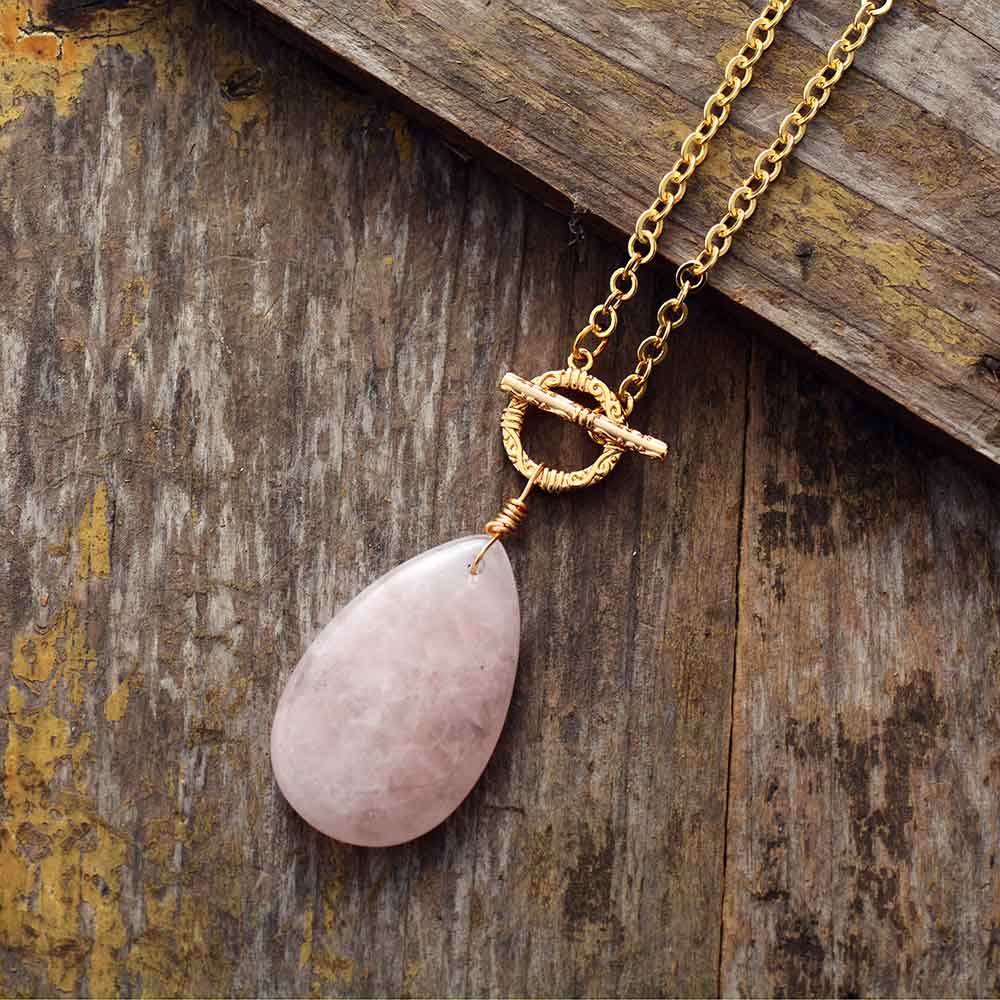 Natural Rose Quartz Teardrop Pendant Necklace with a Gold Plated Chain
