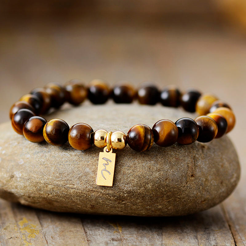 Handmade Tigers Eye Beaded Bracelet with a Gold Plated Tag