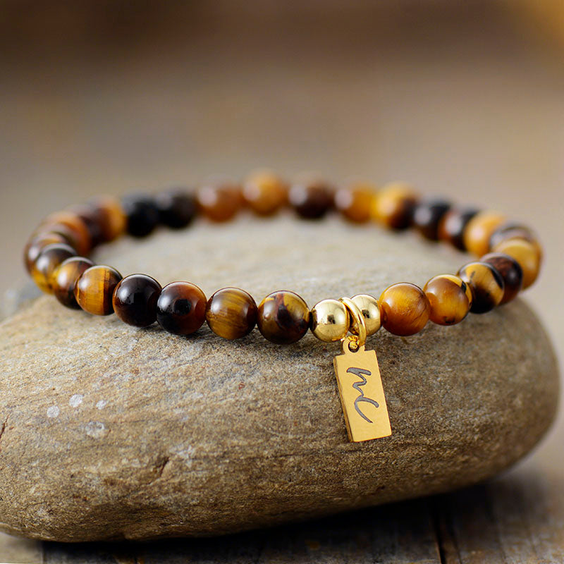Handmade Tigers Eye Beaded Bracelet with a Gold Plated Tag