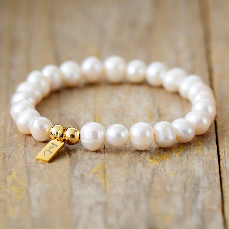 Handmade Pearl Beaded Bracelet with a Gold Plated Tag