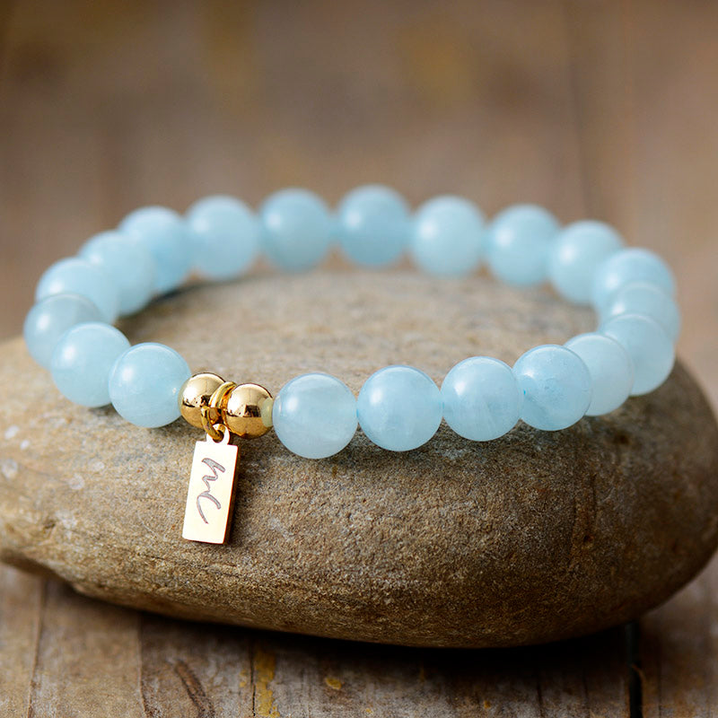 Handmade Natural Aquamarine Beaded Bracelet with a Gold Plated Tag