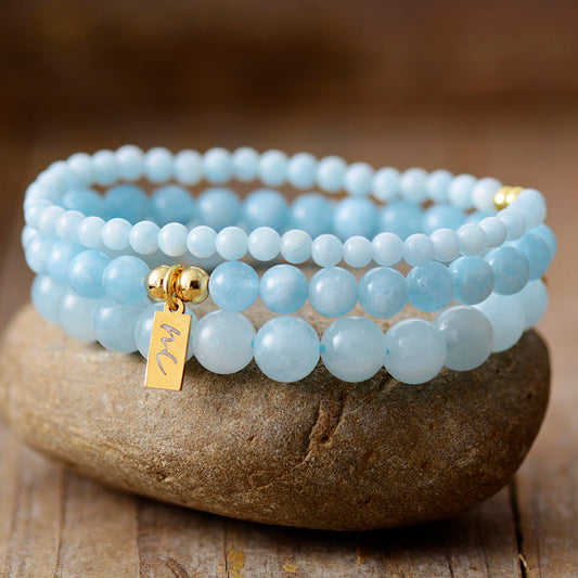 Handmade Natural Aquamarine Beaded Bracelet with a Gold Plated Tag