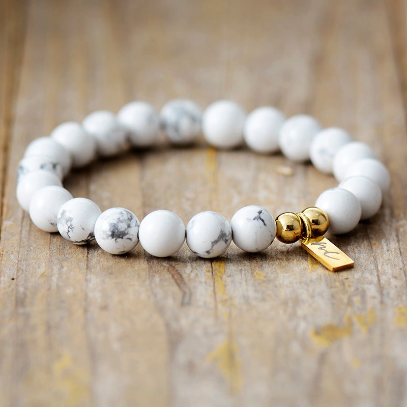 Handmade Natural Howlite Beaded Bracelet with a Gold Plated Tag