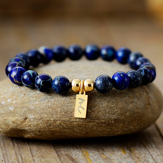 Handmade Blue Imperial Jasper Beaded Bracelet with a Gold Plated Tag