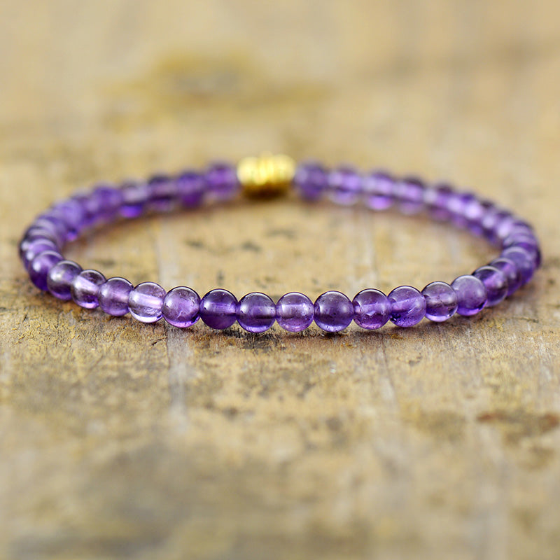 Handmade Natural Amethyst Beaded Bracelet with a Gold Plated Tag
